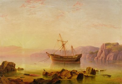 Ein Schiff vor Anker in einer Bucht bei Sonnenuntergang von George Mounsey Wheatley Atkinson