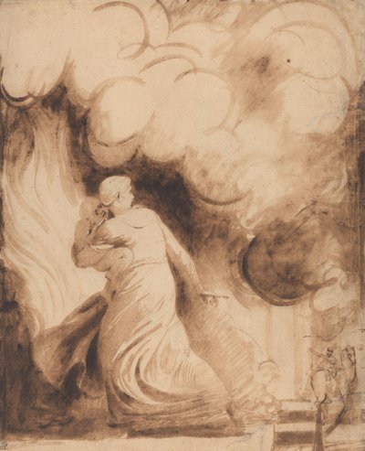 Eine Mutter mit ihrem Kind in den Armen fliegt über die Stadtmauern einer brennenden Stadt von George Romney
