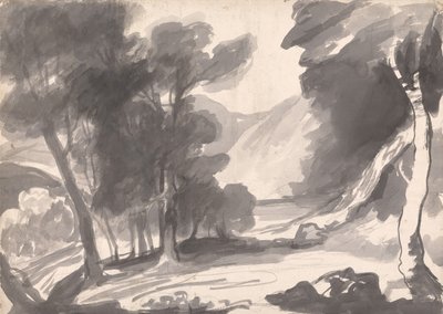 Landschaftsstudie: Gehölz, See und Berge von George Romney