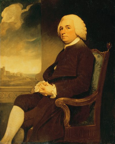 Porträt von Michael Russell, sitzend, mit Dover Castle im Hintergrund von George Romney