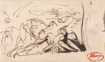 Niederliegende Frau, betreut von zwei Figuren von George Romney