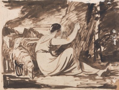 Hirtin schneidet eine Inschrift in einen Baum von George Romney
