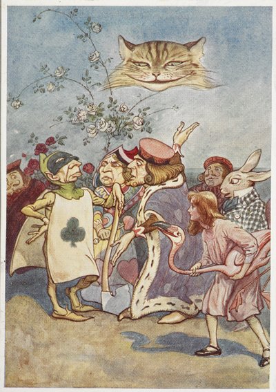 Die Grinsekatze beobachtet Alice und den Spielkarten-Henker, mit anderen von George Soper