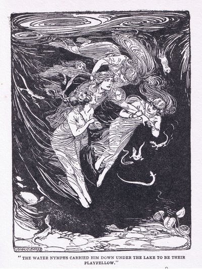 Die Wassernymphen trugen ihn zum See hinunter zu ihrem Spielgefährten, aus Die Helden, veröffentlicht von George Allen und Unwin 1929 von George Soper