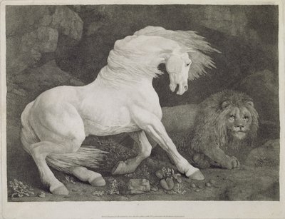 Ein von einem Löwen erschrecktes Pferd, graviert vom Künstler, veröffentlicht 1788 von George Stubbs