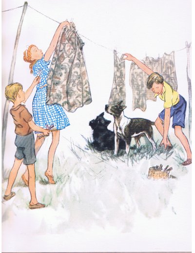 Die Wäsche auf die Leine hängen - Nobby der Bullterrier und Ferdinand der Aberdeen, aus Pets Limited veröffentlicht von Collins von George Vernon Stokes