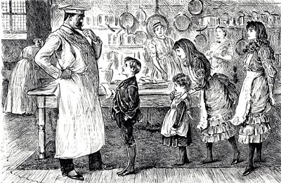 Eine Karikatur, die einen Koch zeigt, der die Bestellungen der Kinder des Hauses entgegennimmt. Illustriert von George du Maurier (1834-1896), einem franco-britischen Karikaturisten und Autor von George du Maurier