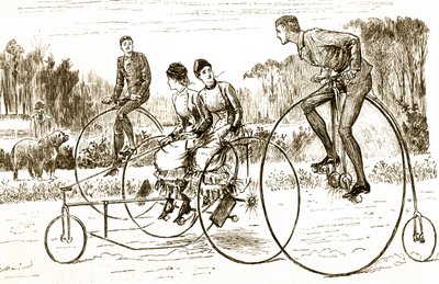 Karikatur einer Gruppe junger Leute, die Dreiräder fahren. Illustriert von George du Maurier (1834-1896), einem französisch-britischen Karikaturisten und Autor von George du Maurier
