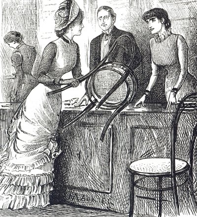 Karikatur, die die Arbeitsbedingungen von Ladenangestellten kommentiert von George du Maurier