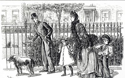 Karikatur, die eine Familie zeigt, die durch die Straßen des viktorianischen Londons geht von George du Maurier