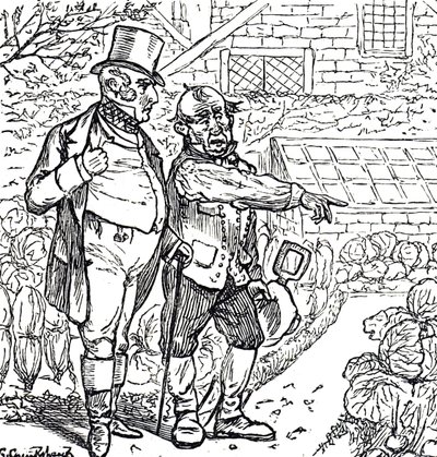 Karikatur, die einen Gentleman mit dem Gärtner im Gemüsegarten zeigt von George du Maurier