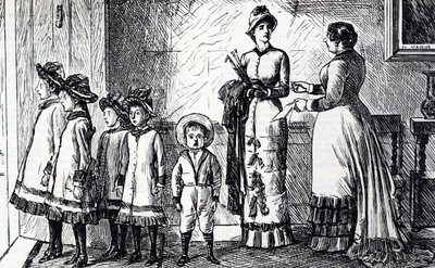 Karikatur, die eine Mutter mit ihren Kindern zeigt von George du Maurier