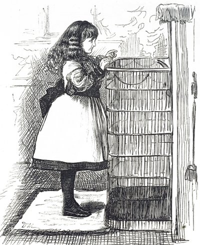 Karikatur, die ein junges Mädchen vor einem großen Feuerkorb zeigt von George du Maurier