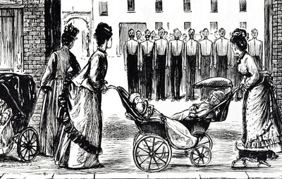 Karikatur, die Kindermädchen zeigt, die ihre Kinderwagen an den Kasernen vorbeischieben von George du Maurier