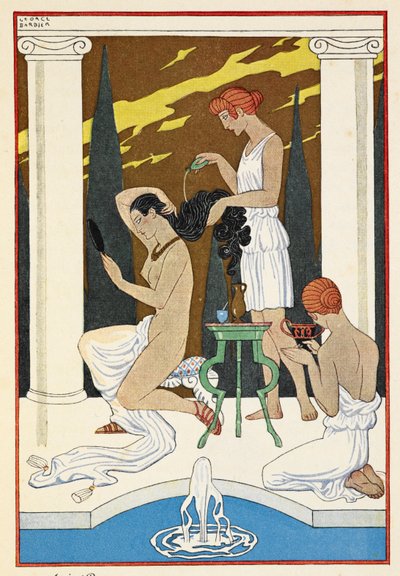 Antikes Rom. Eine Person lässt sich von Dienern die Haare waschen. von Georges Barbier