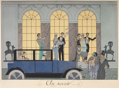 Auf Wiedersehen. Menschen, die in einem Auto wegfahren. Menschen in Abendkleidung von Georges Barbier