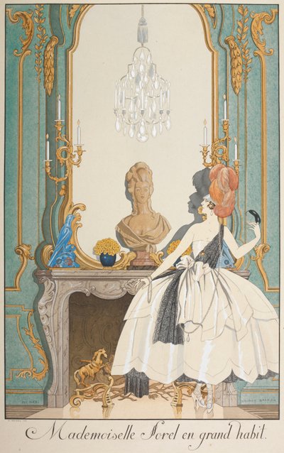 Mademoiselle Sorel in großem Habit. Eine Frau steht vor einem Kamin. von Georges Barbier