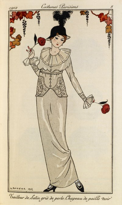 Tailleur de Satin gris de perle. Chapeau de paille noir. Costumes Parisiens Nr. 8 von Georges Barbier