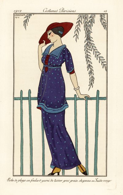 Frau im Strandkleid aus Foulard mit großen Punkten, roter Wildlederhut von Georges Barbier
