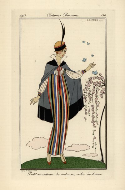 Frau in gestreiftem Leinenkleid mit kurzem Samtmantel von Georges Barbier
