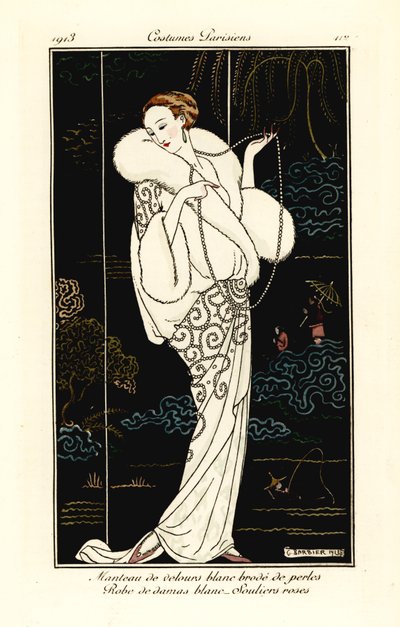 Frau im Samtumhang, Damastkleid und rosa Pantoffeln von Georges Barbier