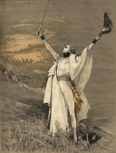Die Schauspielerin Henriette Rosine Bernard genannt Sarah Bernhardt (1844-1923) in der Rolle des Herzogs von Reichstadt (Sohn von Kaiser Napoleon I. (1769-1821) - „Der Aiglon“, Gravur von Georges Jules Victor Clairin (1843 - 1919) von 1900. von Georges Clairin