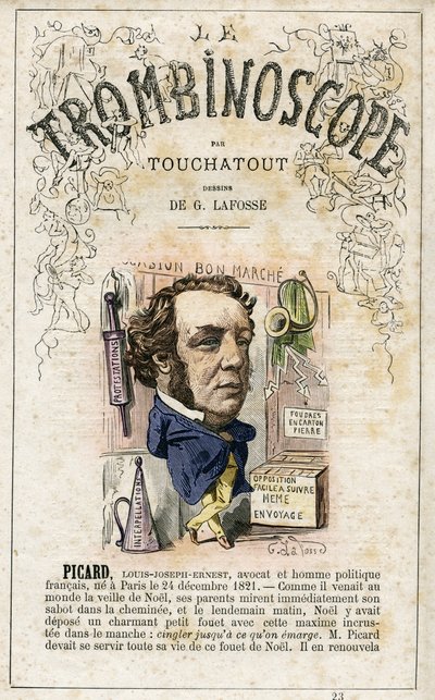 Ernest PICARD - Illustration aus "Le Trombinoscope", einem satirischen politischen Periodikum von Leon-Charles Bienvenu, bekannt als Touchatout, Monographie Nr. 23, Imprimerie Vallee, Paris, Februar 1872 von Georges Lafosse