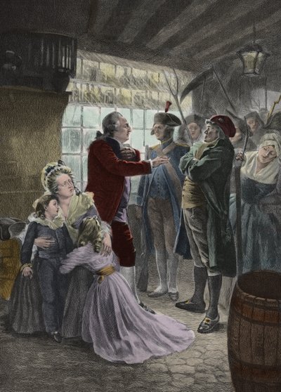 Französische Revolution: 21. Juni 1791 Die königliche Familie (Ludwig XVI. König von Frankreich, Königin Marie Antoinette und ihre beiden Kinder Madame Elisabeth, die Schwester des Königs, und die Gouvernante der Kinder) wurde in der Herberge von Varennes  von Georges Roussin