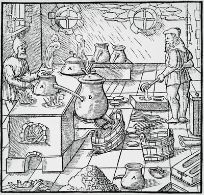 Gravur aus De re metallica (Über die Natur der Metalle), von Georg Pawer oder Georgius Agricola (1494-1555), veröffentlicht in Basel von Georgius Agricola