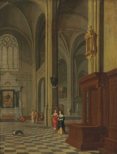 Inneres einer Kirche: Ein gotisches Kircheninneres mit eleganten Figuren von Gerard Houckgeest