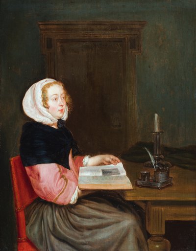 Ein Interieur mit einer Frau, die an einem Tisch sitzt und ein Buch hält von Gerard ter (after) Borch or Terborch