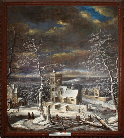 Ein Dorf im Winter mit Figuren auf dem Eis von Gerard van Edema