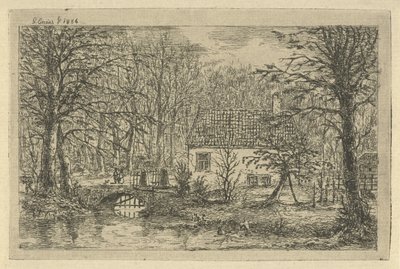 Haus mit Brücke über Graben von Gerardus Emaus de Micault