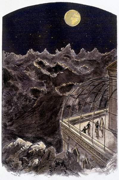 Menschen auf dem Mond beobachten die Erde - Illustration von Gerlier, in „Un monde inconnu: 2 ans sur la lune“ von Pierre de Sélènes, ed. Flammarion von Gerlier Gerlier