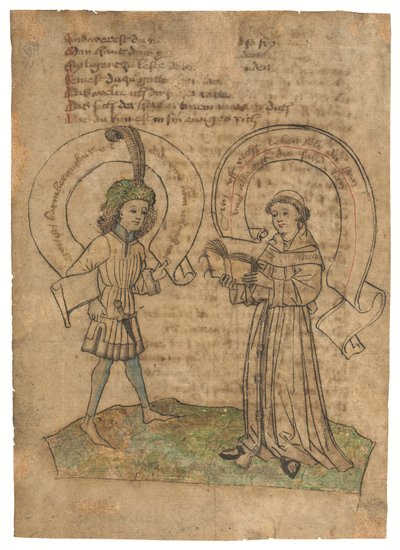 Ein Franziskaner und ein junger Mann, Illustration auf einem Blatt aus Das Spiegelbuch, in Mittelhochdeutsch, Ostschwaben, wahrscheinlich Augsburg, um 1470er von German School