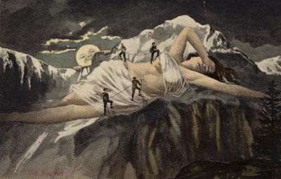Eine nackte Frau auf einem Berghang, der von Bergsteigern erklommen wird, während der Mond zusieht von German School