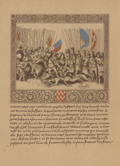 Eine Seite aus einem französischen Manuskript des 16. Jahrhunderts, die eine Szene aus Froissarts Chroniken darstellt von German School