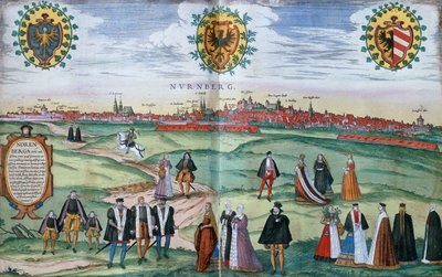 Ein Panoramablick auf Nürnberg, mit Figuren in lokaler Tracht im Vordergrund von German School