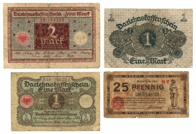 Eine Zwei-Mark-Banknote, zwei Ein-Mark-Banknoten und eine Fünfundzwanzig-Pfennig-Banknote, 1920-21 von German School