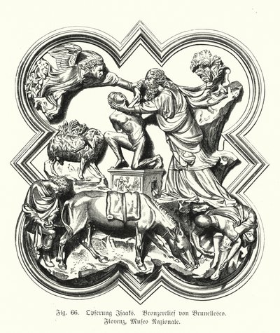 Abraham opfert seinen Sohn Isaak, Bronzereleif von Filippo Brunelleschi (Gravur) von German School