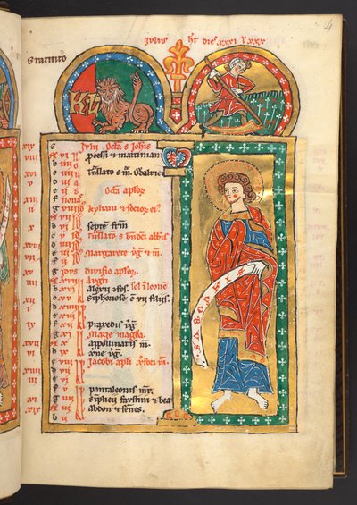 Juli. 12 Kalenderseiten in Gold und Farben, mit architektonischen Rahmen, die jeweils ein Sternzeichen, einen Apostel und eine Arbeit des Monats enthalten. Psalter. Illuminiertes Psalter mit einem Kalender, Cantica und Litaneien für den Gebrauch von Nonnen von German School