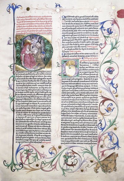Eine illuminierte Seite, die den Heiligen Hieronymus in seinem Studierzimmer darstellt, und ein Rand mit einem Greif, der von drei Männern angegriffen wird, 1470 von German School
