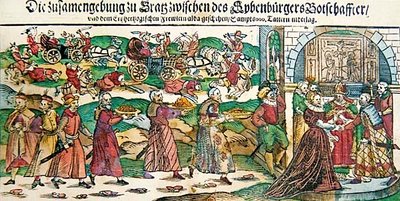 Flugblattzeitung und Illustrationen der Stellvertreterhochzeit im März 1595 von Erzherzogin Maria Christina von Österreich mit dem Botschafter von Sigismund Báthory, Fürst von Siebenbürgen (Transsilvanien) und der Schlacht von Călugăreni im August 1595 von German School