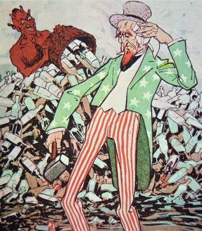 Karikatur zeigt Uncle Sam erschöpft vom Fluss des vom Teufel produzierten Schwarzgebrannten während der Prohibitionszeit (1920-33) von German School