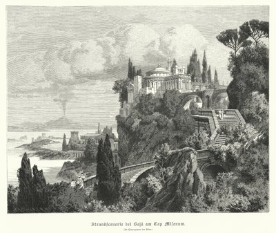 Küste der Bucht von Neapel von der antiken römischen Stadt Baiae, Kap Miseno, mit Vesuv im Hintergrund von German School