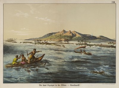 Korallenriff vor der Insel Puynipet (Pohnpei), Karolineninseln (Farblithografie) von German School