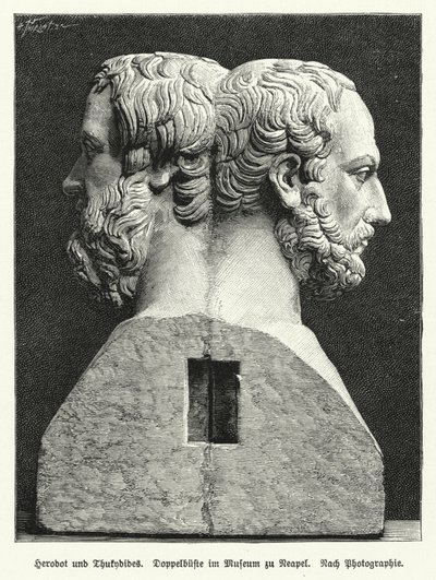 Doppelbüste von Herodot und Thukydides, antike griechische Historiker (Lithographie) von German School