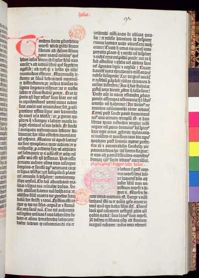 Ende des Pentateuch und Beginn des Buches Josua, aus der Gutenberg-Bibel, gedruckt von Johannes Gutenberg (ca. 1400-68) und Peter Schoeffer (1425-1502) in Mainz, 1454-56 (gedrucktes Papier) von German School