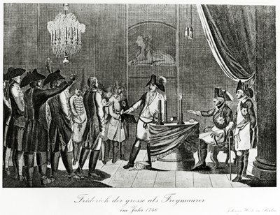 Friedrich der Große empfängt seinen Schwager, Friedrich, Markgraf von Brandenburg-Bayreuth, als Freimaurer in Berlin im Jahr 1740 von German School
