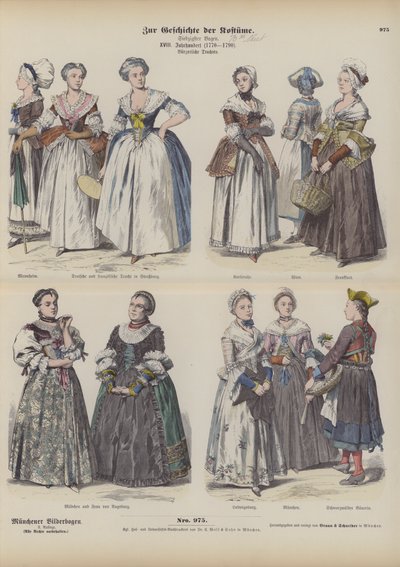 Französische und deutsche bürgerliche Frauenkostüme, spätes 18. Jahrhundert (farbige Gravur) von German School
